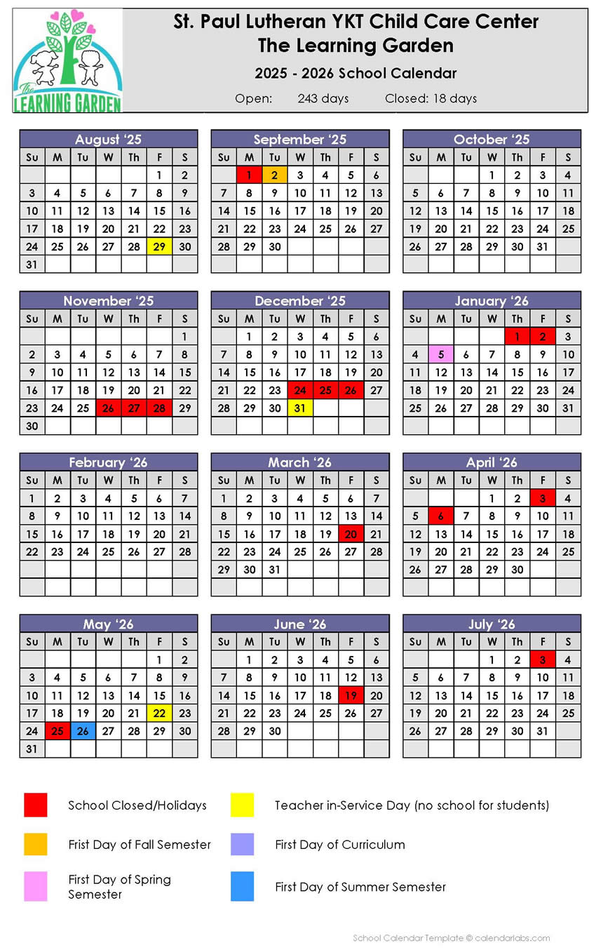 Learning Garden School Calendar